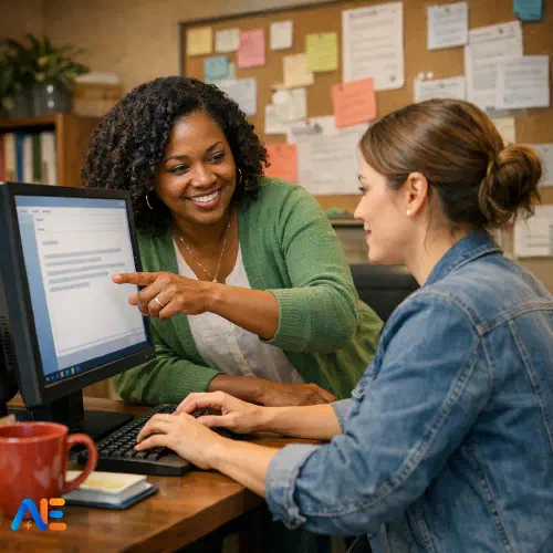 AI-genererad bild av en mentorslärare som vägleder en kollega genom att skriva ett professionellt meddelande till föräldrar på en datorskärm