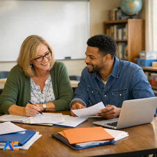 Tehisintellekti loodud pilt mentorõpetajast, kes töötab koos alustava õpetajaga koolimiljöös, vaatab üle õppetunniplaane ja arutab professionaalset arengut