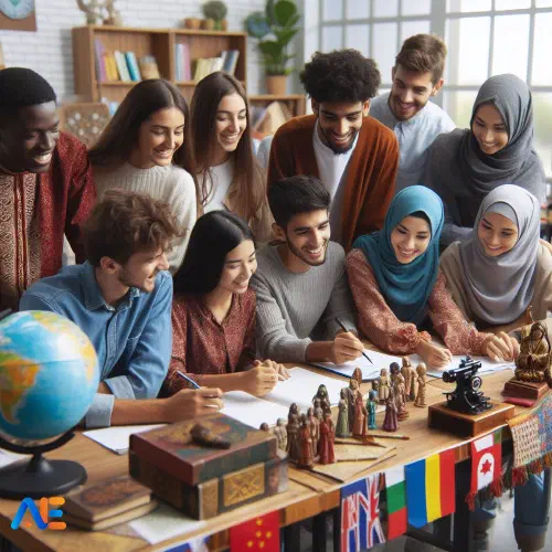 AI-genererad bild av elever från olika kulturella bakgrunder som engagerar sig i kulturellt relevant utbildningsinnehåll i ett klassrum.