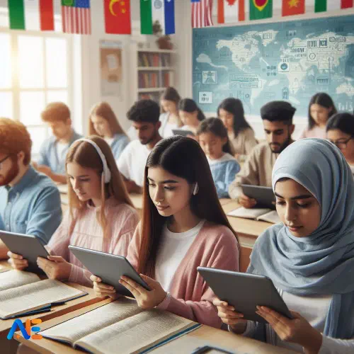AI-genererad bild av ett mångsidigt klassrum med elever som får tillgång till utbildningsinnehåll på surfplattor, som visar flerspråkigt stöd.
