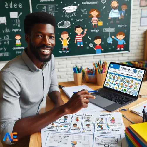 AI-genererad bild av en lärare som förbereder interaktiva och utskrivbara arbetsblad på flera språk för elever i ett klassrum.