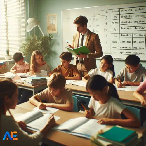 AI-genererad bild av elever som läser läsförståelsepassager på olika språk, med en lärare som vägleder dem genom övningarna.