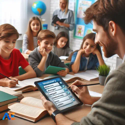 AI-genererad bild av elever som lär sig nya ordförråd i ett klassrum, med en lärare som använder ett ordförrådsverktyg på en surfplatta.