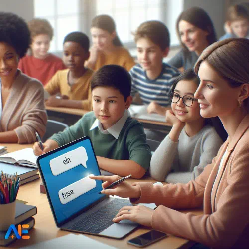 AI-genererad bild av en lärare som använder ett översättningsverktyg på en laptop, med elever från olika språkliga bakgrunder i ett klassrum.