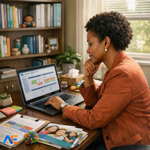 AI-genererad bild av en elevhälsoledare som granskar en beteendehanteringsplan på en bärbar dator, med resurser och anteckningar om elevernas välbefinnande synliga på skrivbordet.