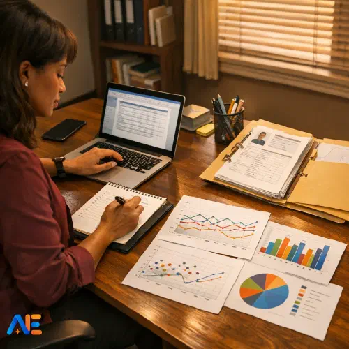 AI-genererad bild av en årskursansvarig som förbereder strukturerade anteckningar inför ett elevutvecklingssamtal, med diagram som visar närvaro- och engagemangsdata.