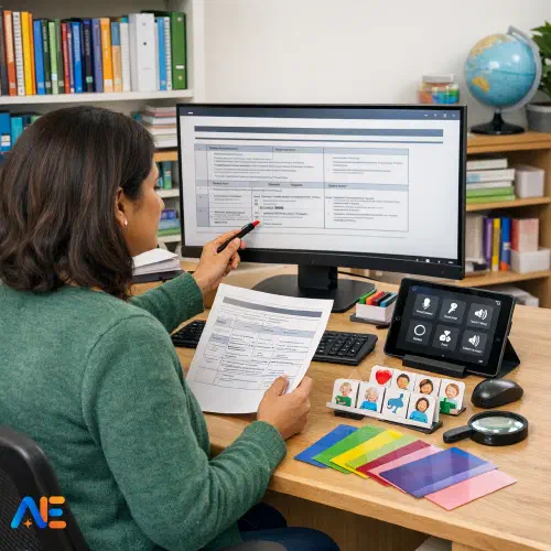 AI-genererad bild av en specialpedagog som granskar en lektionsplan för tillgänglighet på en dator, med resurser för inkluderande undervisning och hjälpmedel synliga.