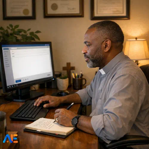 AI generated image of a pastoral staff member composing a sensitive email to a parent, with a warm and professional workspace setting.