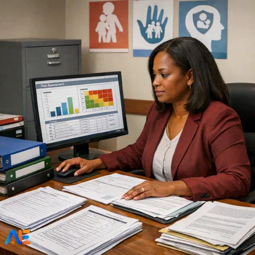 AI-genererad bild av en trygghetsledare som genomför en riskbedömning på en dator, med säkerhetschecklistor, omsorgsdokument och skolpolicyer synliga.