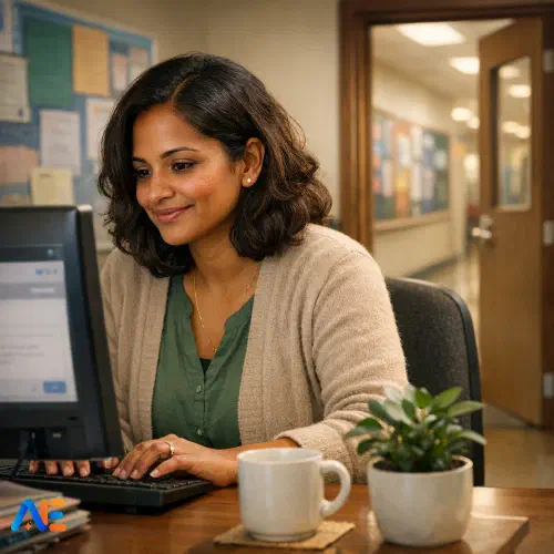 AI-genererad bild av en mentor som skriver ett stödjande meddelande till en elev på en datorskärm, med en lugn och omhändertagande skolmiljö i bakgrunden.