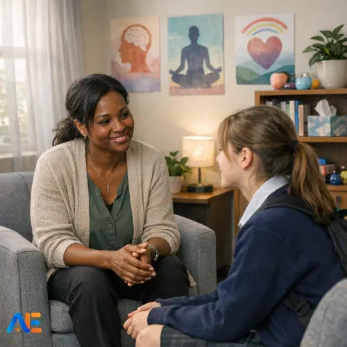 Tehisintellekti loodud pilt tugimeeskonna juhist, kes vestleb õpilasega rahulikus, toetavas koolikeskkonnas, heaoluresursid nähtaval