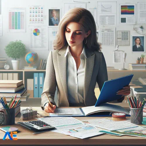 Tekoälyn luoma kuva koulun hallintohenkilöstöstä valmistelemassa sijaisopetusta sijaisopettajalle, mukana elementtejä oppituntien suunnittelusta ja opetusmateriaaleista.