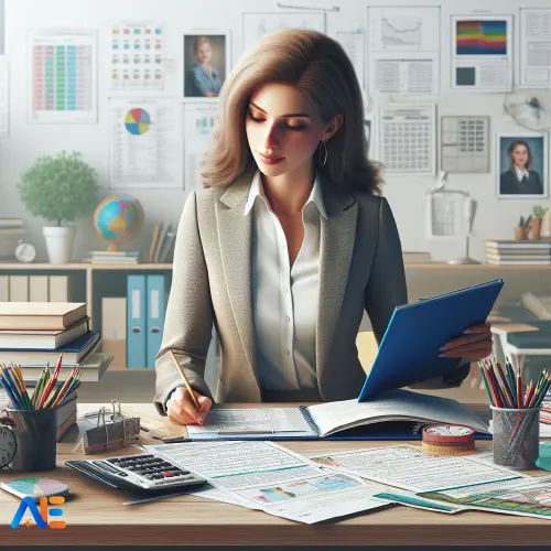 AI-genererad bild av en skoladministratör som förbereder täckningsarbete för en vikarie, med element av lektionsplanering och utbildningsmaterial.