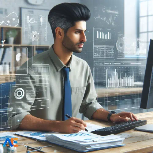 Tekoälyn luoma kuva koulun hallintohenkilöstöstä käyttämässä tietokonetta taulukoiden hallintaan, mukana elementtejä data-analyysistä ja budjetin seurannasta.