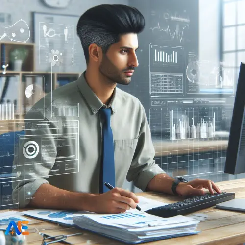 AI-genererad bild av en skoladministratör som använder en dator för att hantera kalkylblad, med element av dataanalys och budgetuppföljning.
