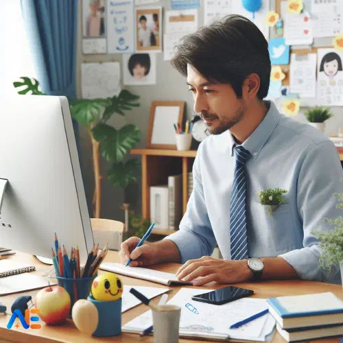 Tekoälyn luoma kuva koulun hallintohenkilöstöstä kirjoittamassa viestiä vanhemmille tietokoneella, ympärillään erilaisia viestintätyökaluja.