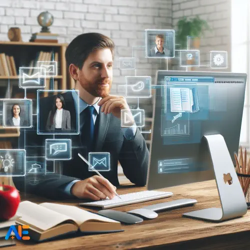 AI-genererad bild av en skoladministratör som kommunicerar med elever via en dator, med element av elevengagemang som meddelanden och feedback.