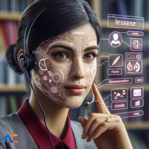 Tekoälyn luoma kuva koulun hallintohenkilöstöstä käyttämässä käännöstyökalua, mukana elementtejä monikielisestä viestinnästä kuten eri kielisiä tekstejä.