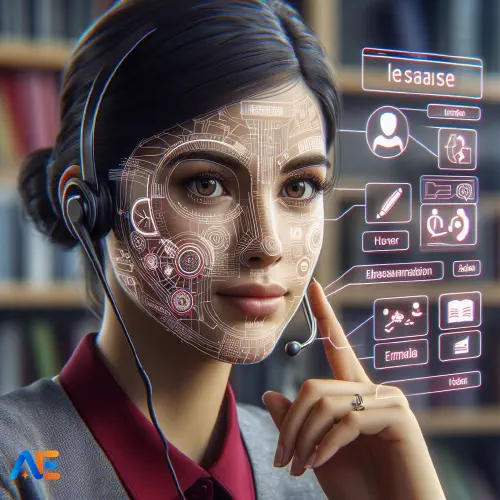 AI-genererad bild av en skoladministratör som använder ett översättningsverktyg, med element av flerspråkig kommunikation som olika språktexter.