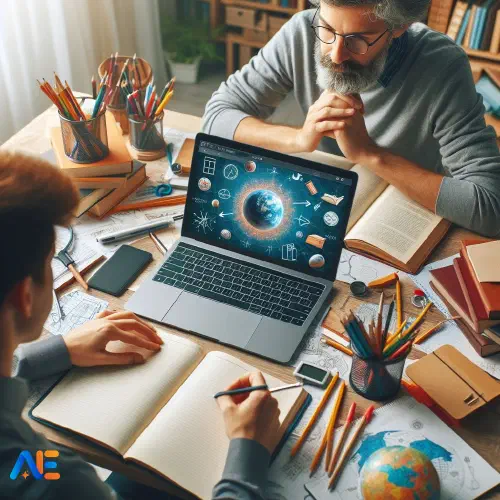 AI-ga loodud pilt juhendajast, kes töötab õpilasega laua taga, ümbritsetuna õppevahenditest nagu raamatud, märkmikud ja sülearvuti.