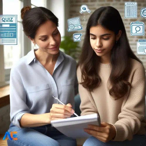 AI-genererad bild av en handledare som granskar quizresultat med en elev, med element av ett quiz som frågor och svar i en anteckningsbok.