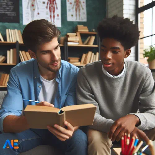 AI-ga loodud pilt õpilasest, kes loeb raamatut koos juhendajaga, hubases õpikeskkonnas, kus on raamaturiiulid ja haridusplakatid.