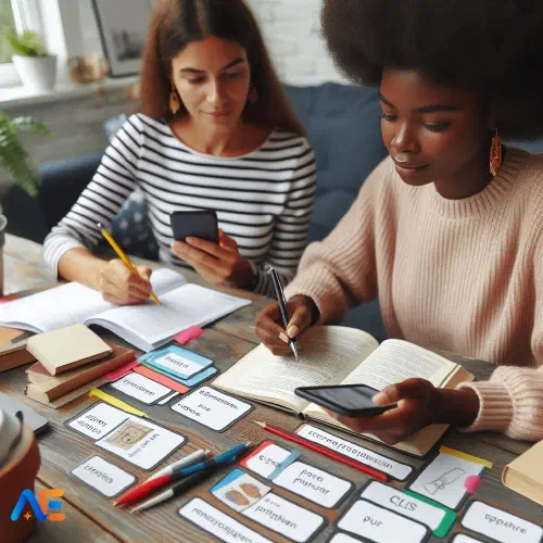 AI-ga loodud pilt juhendajast ja õpilasest, kes töötavad keeleharjutuste kallal, kus on näha sõnavara mälukaarte ja keeleõppe rakendust.