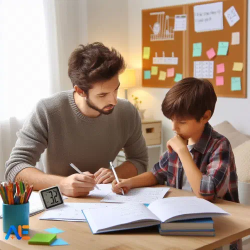 AI-ga loodud pilt juhendajast, kes aitab õpilasel lahendada tekstülesandeid, kus on näha matemaatika töölehti ja tahvlit.