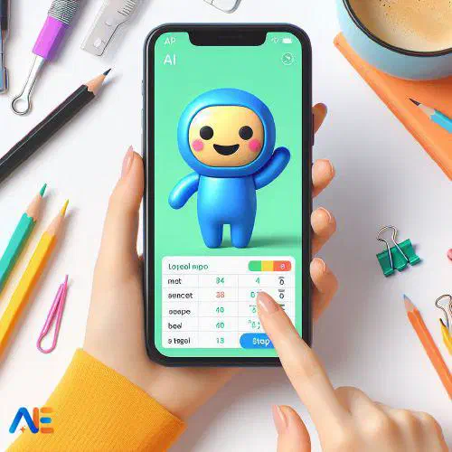 Tekoälyllä luotu kuva puhelimesta, jossa näkyy avuliaan robotin lisäksi taulukko tietoineen. Taustalla on opetukseen liittyviä esineitä, kyniä, paperiliittimiä, kahvia