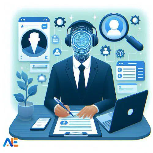 Henkilö puvussa istuu työpöydän ääressä papereiden ja kannettavan tietokoneen kanssa. Kasvot muistuttavat spiraaligalaksia. Taustalla on kehitykseen liittyvää kuvakkeistoa; verkkoprofiili, suurennuslasi ja muita