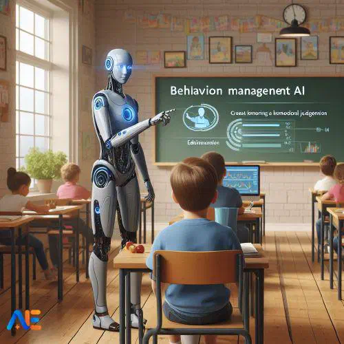 Klassrumsmiljö med AI-robot, krittaffär i bakgrunden som refererar till beteendehantering