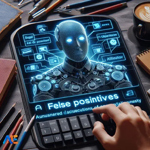 AI-genererad bild av en databehandlingsenhet med en AI-karaktär på skärmen. Det står med stora bokstäver 'Felse positiva' (AI-felstavning)