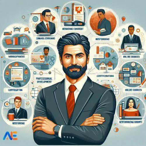 En AI-genererad bild av en man i kostym omgiven av ikonografi för professionell utveckling. Onlinekurser, certifieringar, workshops, seminarier, mentorskap och andra