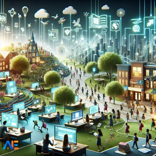 AI-genererad bild av ett högteknologiskt klassrum som smälter in i världen